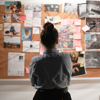 Woman examining a board covered with notes and images connected by string.